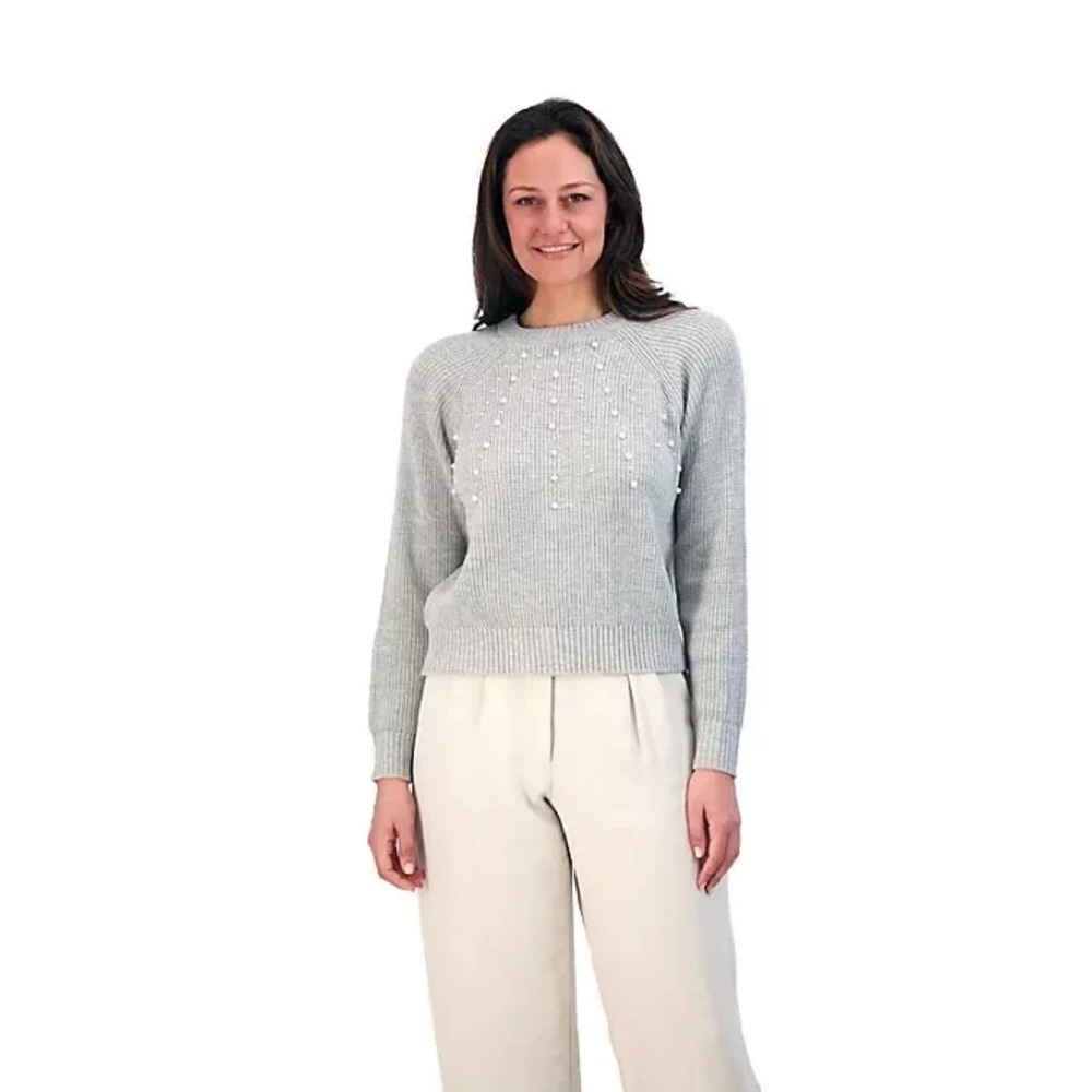 French Connection Womens Embellished Pearl Sweater Light Grey XXL Pullover